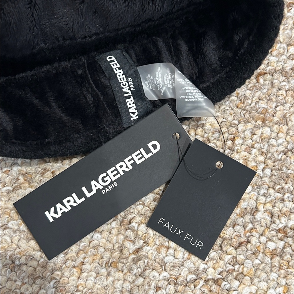 NWT Karl Lagerfeld Paris Black Beanie with Rinestones & Faux Fur Pom Pom - Picture 4 of 7